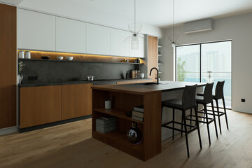 Modern kitchen interior with beautiful wood and stone finishes for an elegant look