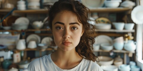 A woman in her pottery workshop, surrounded by various ceramics.