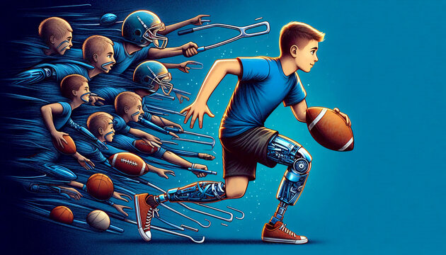 Jugentlicher mit einer Beinprothese spielt american football. Trotz Behinderung sportlich aktiv.