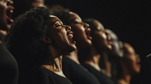 Group of singers performing on stage, mouths open wide