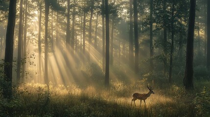 Sunrise through the trees illuminates a lone deer in the forest.