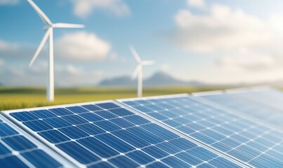 Solar panel with wind turbines and green landscape under a blue sky.
