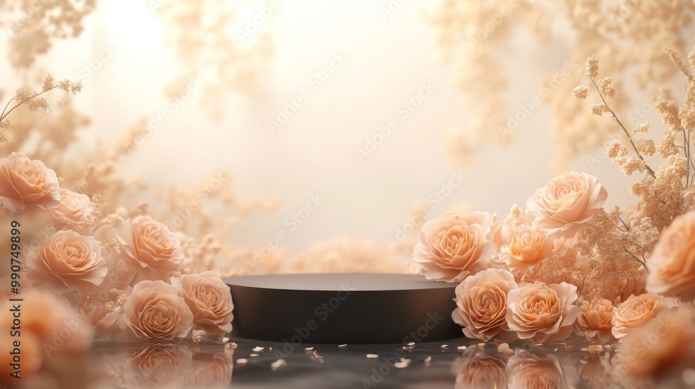 Poster a stylish circular platform is beautifully surrounded by soft peach roses and delicate floral accent