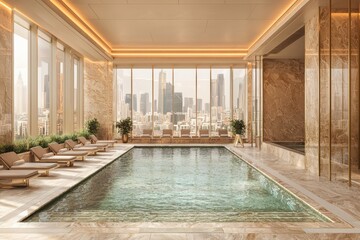 Luxurious indoor pool with city skyline view