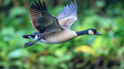 Endangered Hawaiian goose flying through lush forest, rare waterfowl species in natural habitat
