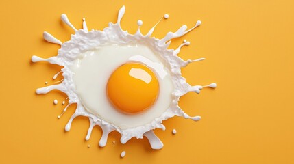 Top view of a perfectly cracked egg with yolk and white splatter on a vibrant orange background, capturing a creative culinary concept.
