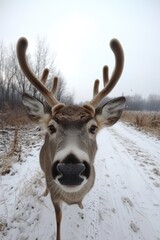 Lone deer with antlers amidst snowy woods, ready for winter. Antlered buck standing on road after fresh snowfall.