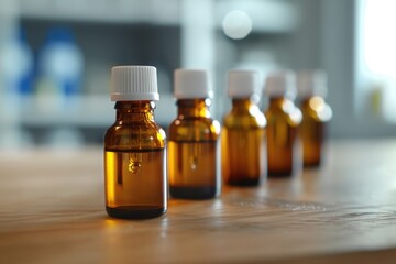 Various small bottles containing oils on a table.