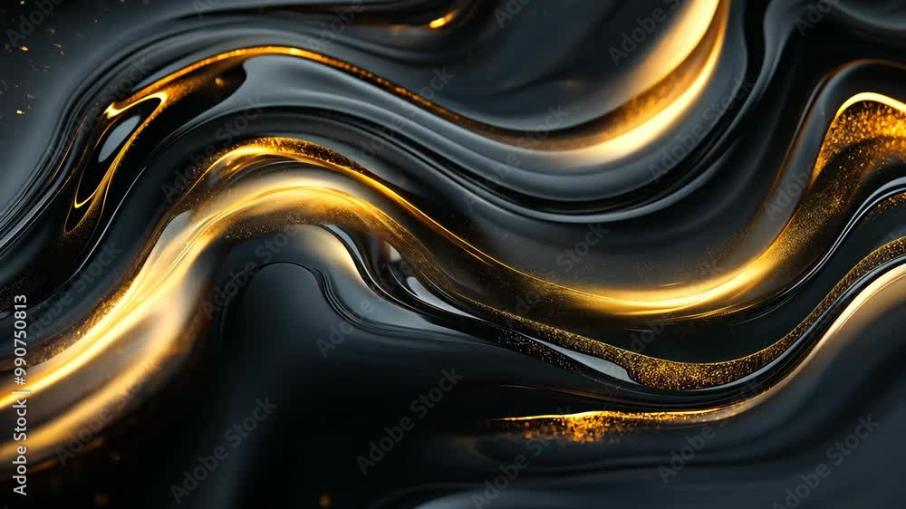 Poster golden lines flow across a black surface, creating a captivating abstract design