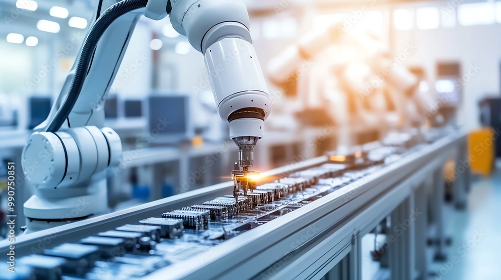 Poster a robotic arm places a microchip on a circuit board during a manufacturing process.