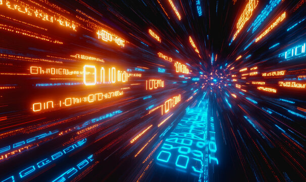 Flowing glowing binary code in a futuristic digital data stream environment