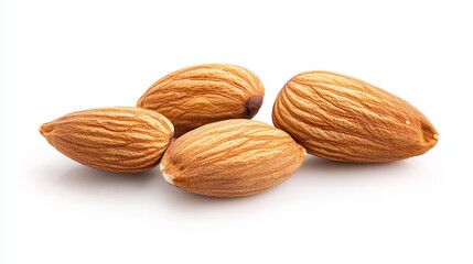 A collection of almonds is displayed against a clean white background, showcasing their natural beauty and variety.