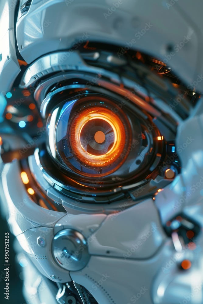 Poster robotic head with advanced mechanical components and cybernetic eye. high tech science fiction conce