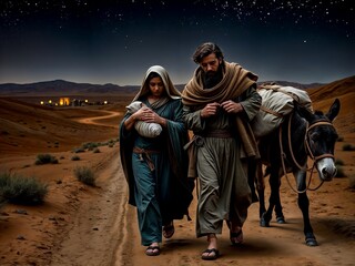 Gospel Images from the Bible NT - Joseph and Mary flee from Bethlehem to Egypt with baby Jesus at night