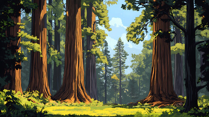 A redwood sanctuary with giant sequoias reaching picture. Giant Redwood Trees. Illustration