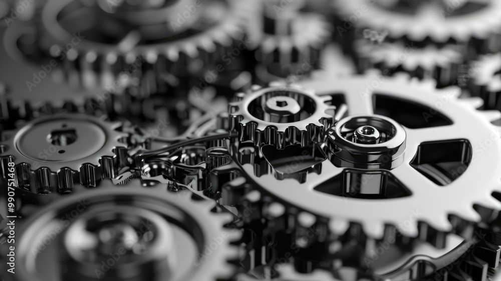 Poster six gears forming a symmetrical pattern, with depth of field blurring the background.