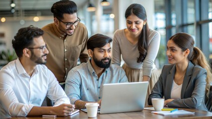 A diverse group of Indian colleagues brainstorming in a creative office environment.
