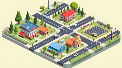 Isometric Cityscape with Buildings and Cars