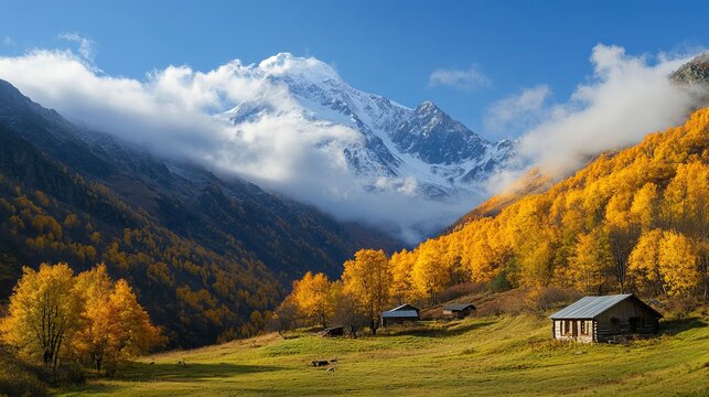 The autumn mountains of the Caucasus in the village of Dombai are a breathtaking sight, showcasing a vibrant palette of colors as the leaves turn golden, orange, and red.