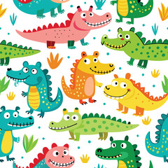 Seamless pattern with cute cartoon colorful crocodiles. Childish jungle vector texture.