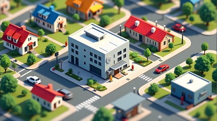 Isometric Cityscape with Building, Cars, and Trees