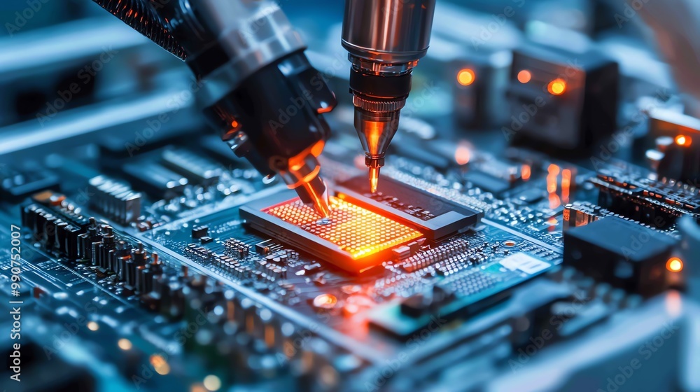 Poster robotic arm assembling a circuit board with glowing processor.