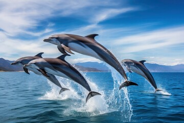 a group of dolphins jumping gracefully against a backdrop of sea water and a clear blue sky. Wildlife, ocean, marine life, cute animals. Generative AI