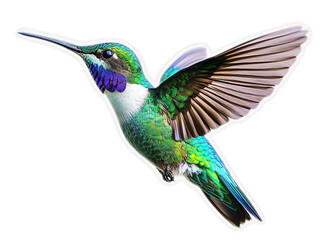 Fototapeta premium Green hummingbird with blue head flying isolated on black background