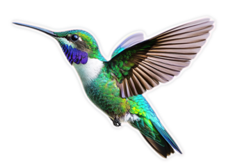 Green hummingbird with blue head flying isolated on black background