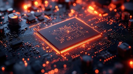 Closeup of a computer board, showcasing intricate circuit designs.