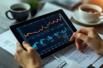Person analyzing financial data on a tablet. Charts display market trends and statistics. A coffee cup is nearby. This image captures a business setting. Generative AI