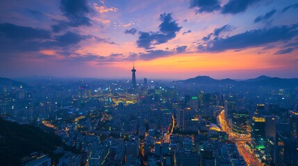 Naklejka premium A stunning city view of Seoul at twilight captures the skyline bathed in a soft, golden glow as the sun sets behind the towering buildings.