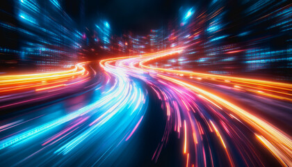 Glowing binary code streams in a high-tech, futuristic digital scene