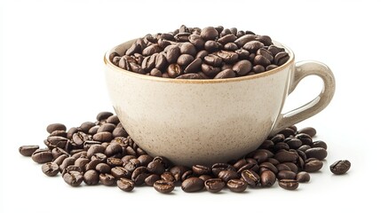 Fototapeta premium A cup filled with rich, dark coffee beans is isolated against a clean white background, showcasing the beans' glossy surface and intricate textures. 