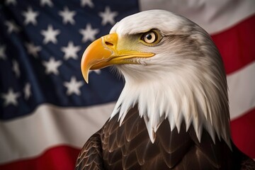 Bald eagle with sharp eyes, white head and american flag background. Perfect for patriotic designs and American themed projects. Generative AI