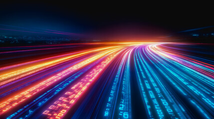 Fototapeta premium Glowing binary code streams in a high-tech, futuristic digital scene