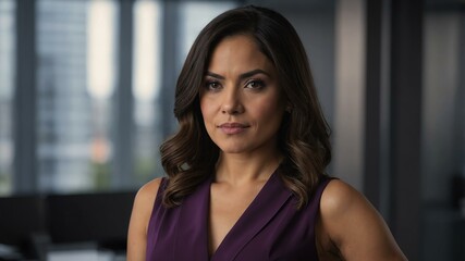 Fototapeta premium twenties hispanic woman in purple attire on office background model portrait looking confident for ad concept space for text