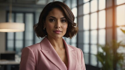 Fototapeta premium twenties hispanic woman in pink attire on office background model portrait looking confident for ad concept space for text