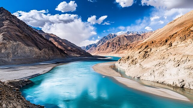 The confluence of the Indus and Zanskar Rivers in Leh, Ladakh, presents a breathtaking view where the two rivers meet, creating a stunning visual contrast.