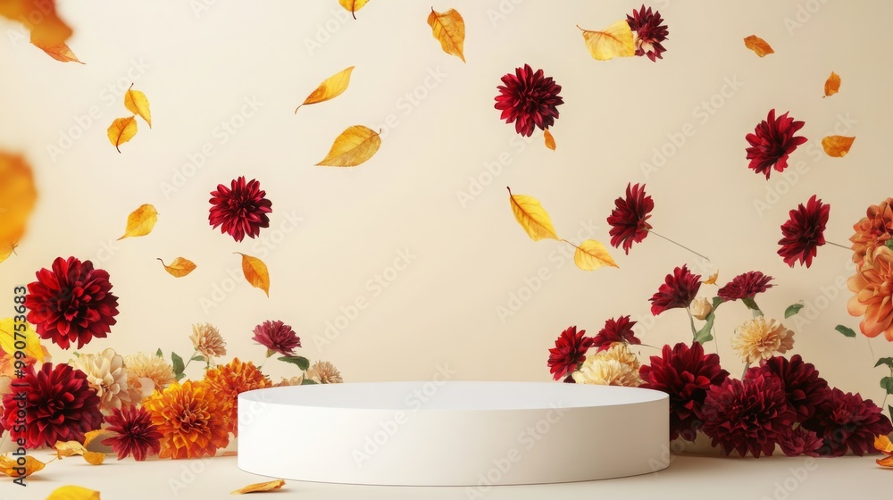 Poster a circular display platform is surrounded by colorful flowers in shades of red, orange, and yellow, 