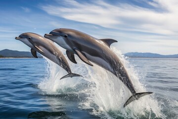 Fototapeta premium a group of dolphins jumping gracefully against a backdrop of sea water and a clear blue sky. Wildlife, ocean, marine life, cute animals. Generative AI