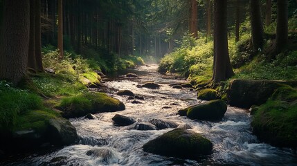 Fototapeta premium A fast-flowing mountain creek rushes through a lush forest in the Harz Mountains, its clear waters sparkling as they cascade over smooth stones.