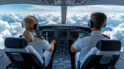 Two pilots in the cockpit of a plane looking out over clouds, AI