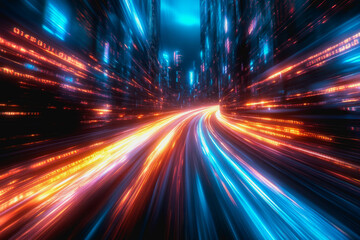 Glowing binary code streams in a high-tech, futuristic digital scene