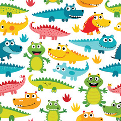 Obraz premium Seamless pattern with cute cartoon colorful crocodiles. Childish jungle vector texture.