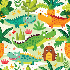 Seamless pattern with cute cartoon colorful crocodiles. Childish jungle vector texture.