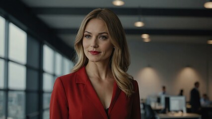 Fototapeta premium twenties caucasian woman in red attire on office background model portrait looking confident for ad concept space for text