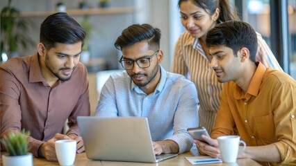 Young Indian entrepreneurs collaborating on a tech project in a modern office.
