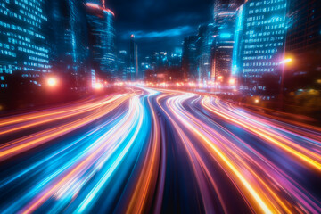 Flowing glowing binary code in a futuristic digital data stream environment