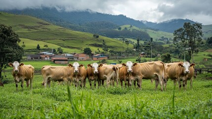 Obraz premium A picturesque flock of cows grazes peacefully in a South American suburb, surrounded by rolling hills and lush greenery.